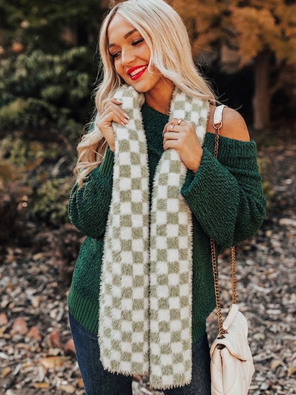 Forever21 Green And White Checkerboard Fuzzy Scarf